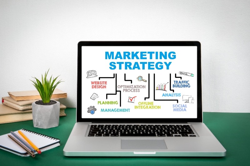 marketing strategy concept. chart with keywords and icons
